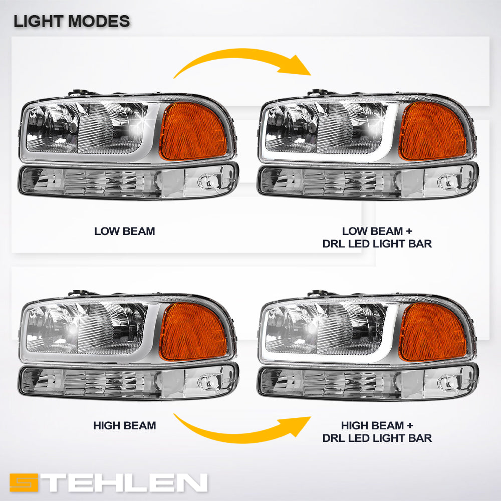 99-06 GMC Sierra Yukon XL Crystal Headlights LED Bar Chrome 4PC