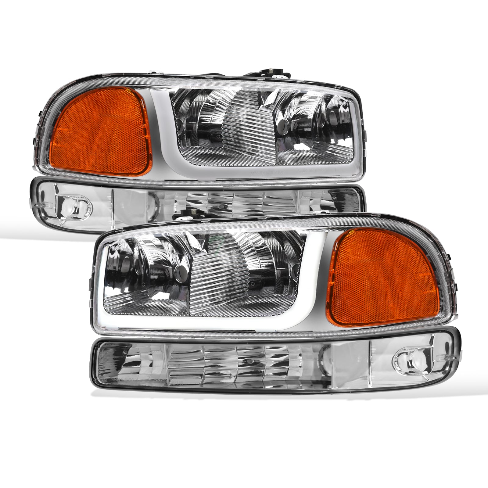 99-06 GMC Sierra Yukon XL Crystal Headlights LED Bar Chrome 4PC