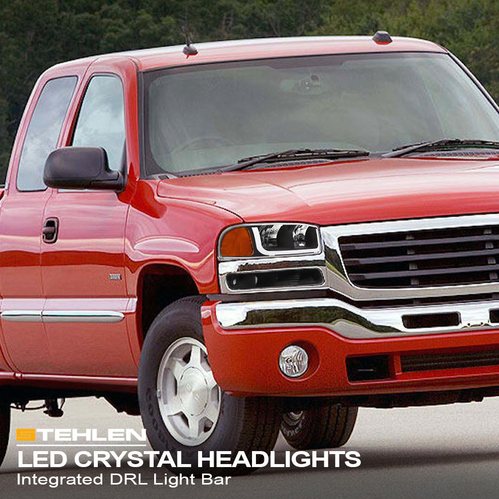 99-06 GMC Sierra Yukon XL Crystal Headlights LED Bar Black 4PC