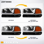 99-06 GMC Sierra Yukon XL Crystal Headlights LED Bar Black 4PC
