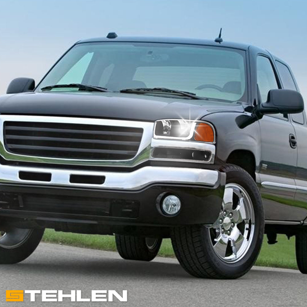 99-06 GMC Sierra Yukon XL Crystal Headlights LED Bar Black 4PC