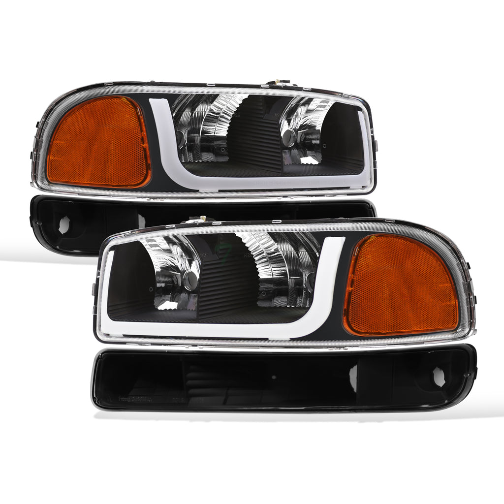99-06 GMC Sierra Yukon XL Crystal Headlights LED Bar Black 4PC