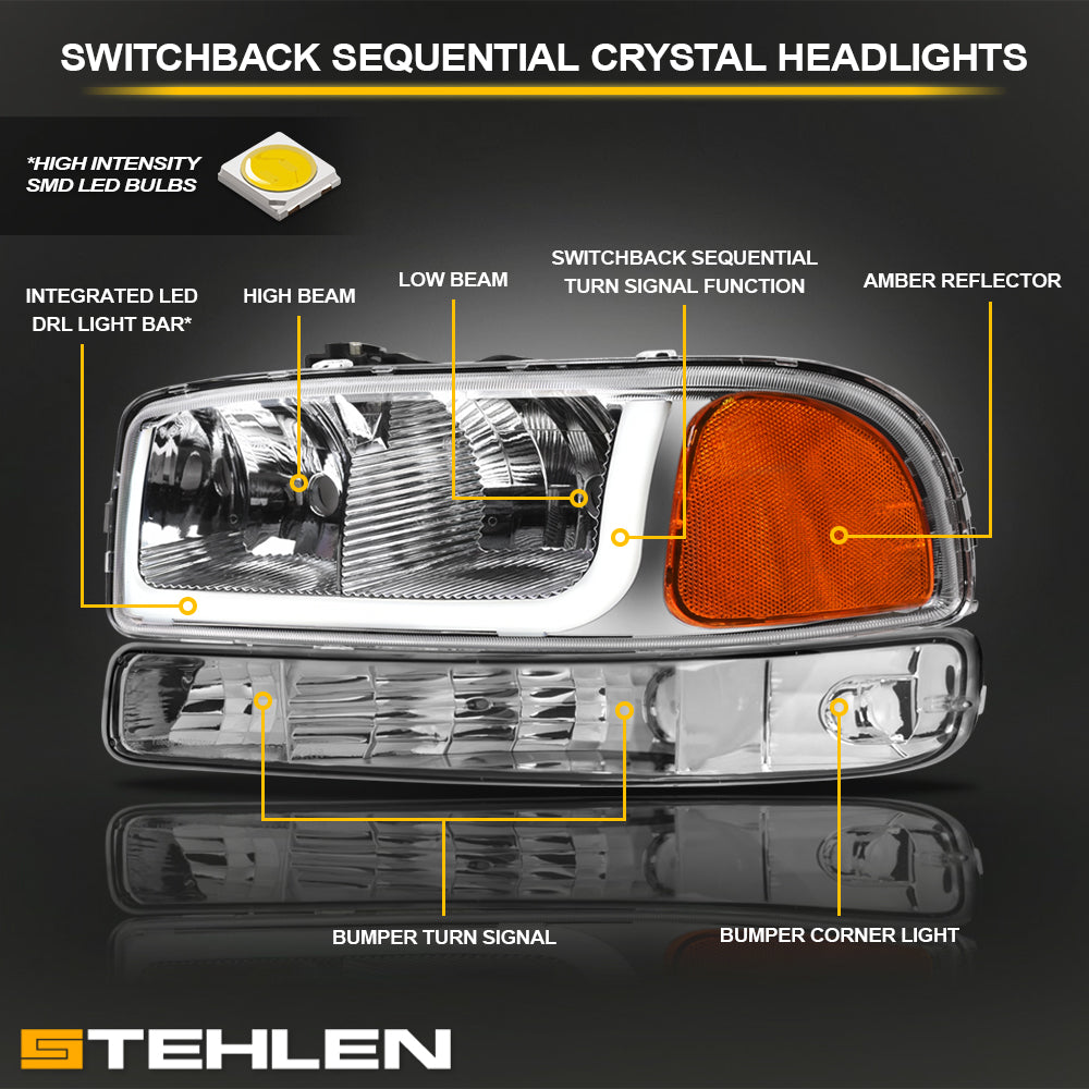 99-06 GMC Sierra Yukon XL Crystal Headlights Sequential LED Chrome 4PC
