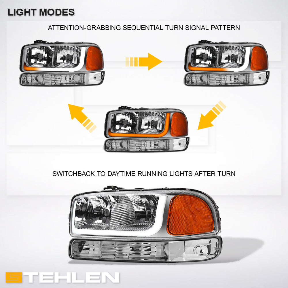 99-06 GMC Sierra Yukon XL Crystal Headlights Sequential LED Chrome 4PC