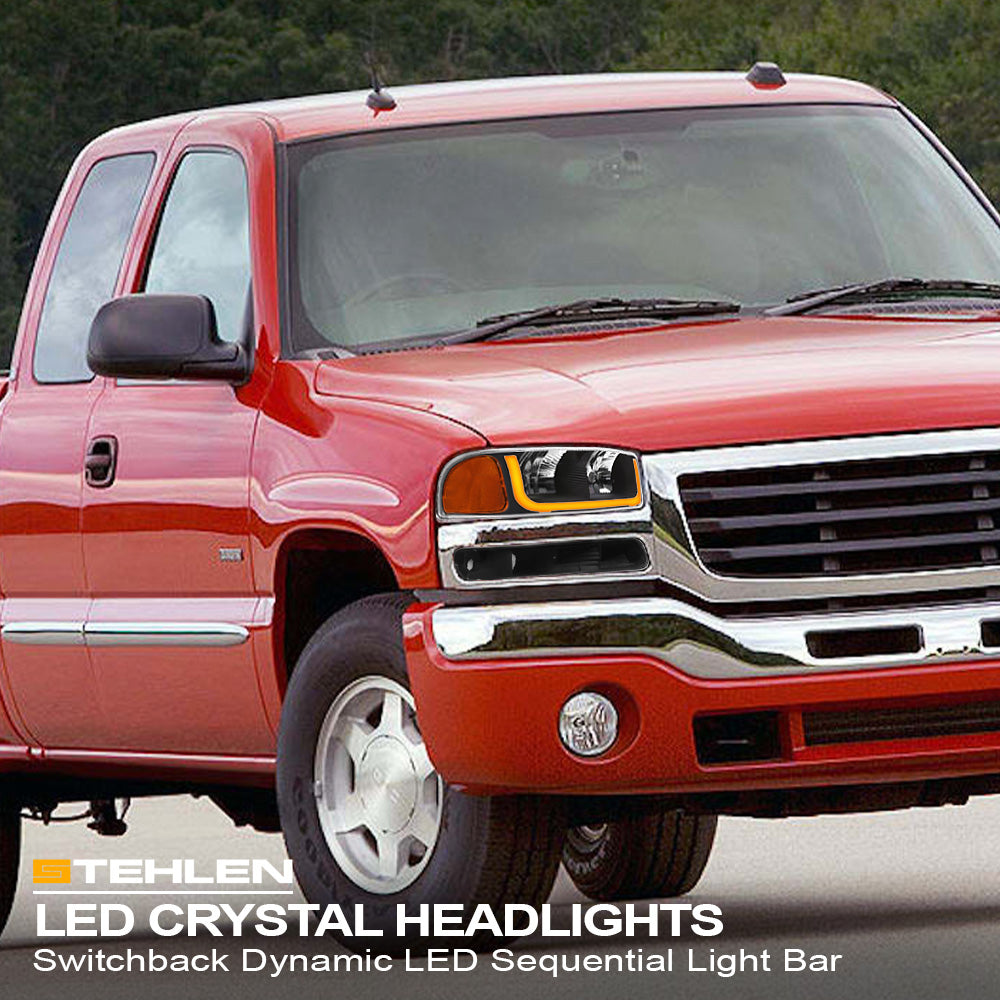 99-06 GMC Sierra Yukon XL Crystal Headlights Sequential LED Black 4PC