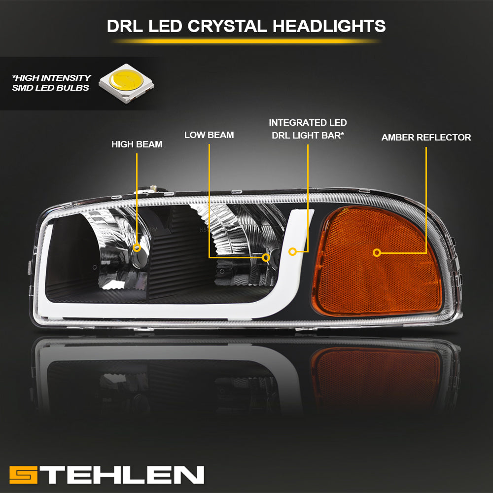 1999-2006 GMC Sierra Yukon XL LED Crystal Headlights Black