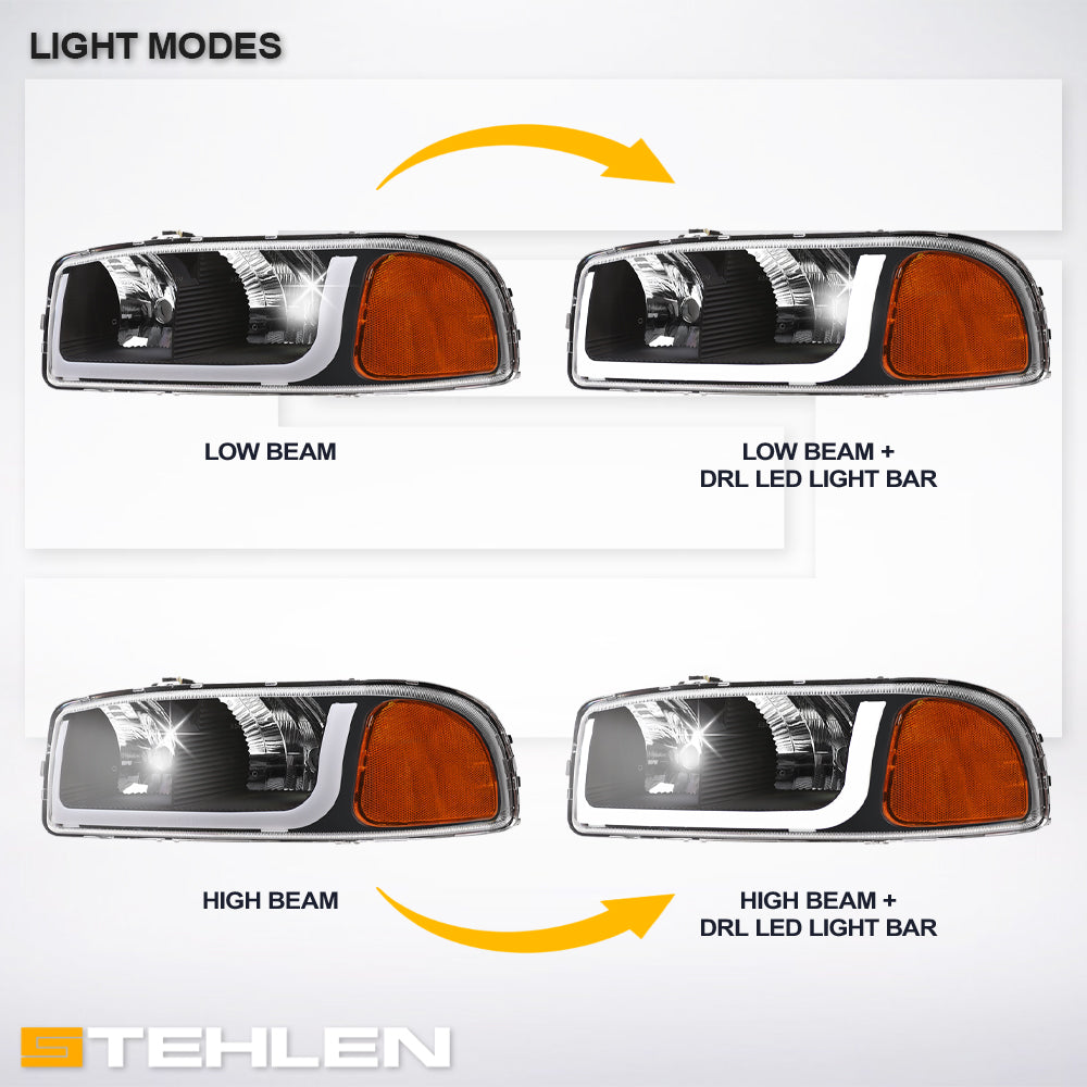 1999-2006 GMC Sierra Yukon XL LED Crystal Headlights Black