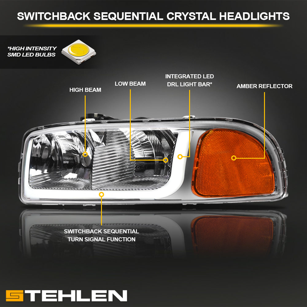 1999-2006 GMC Sierra Yukon Crystal Headlights Sequential LED Chrome