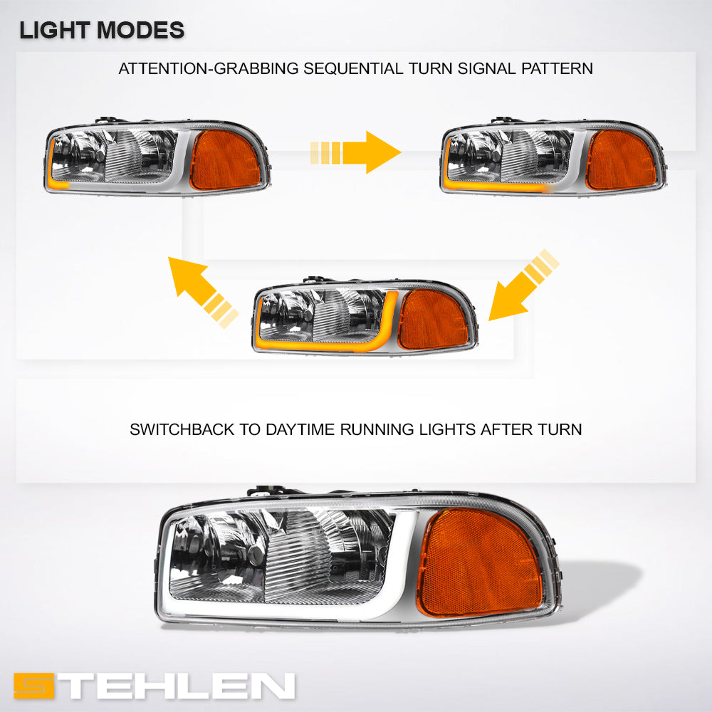 1999-2006 GMC Sierra Yukon Crystal Headlights Sequential LED Chrome