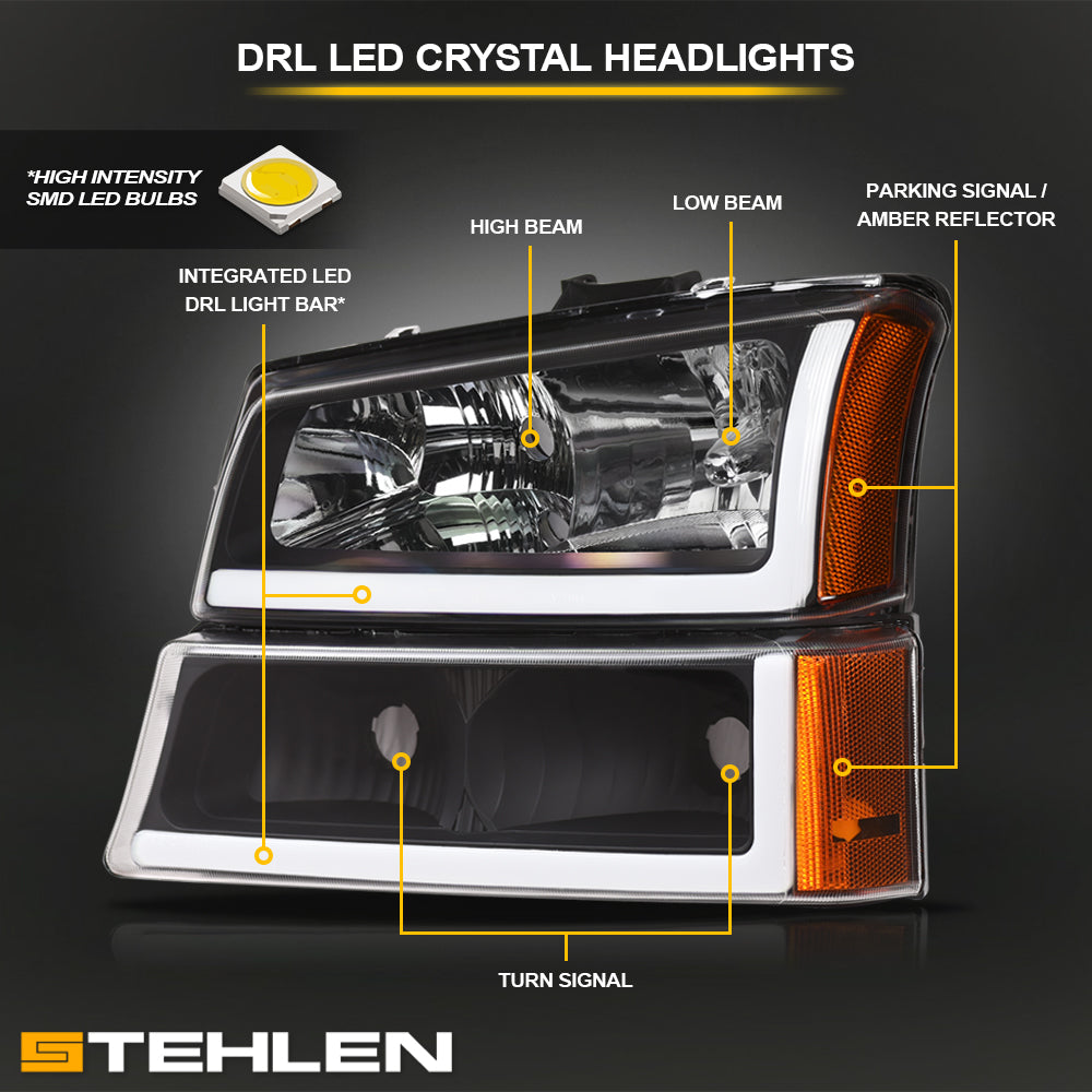 2002-2007 Chevrolet Silverado Avalanche Crystal Headlights Set - Black