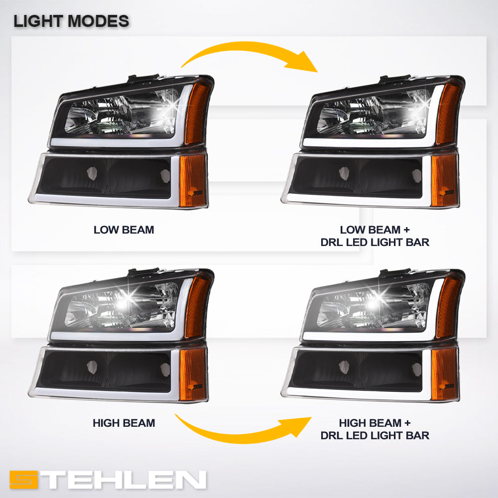 2002-2007 Chevrolet Silverado Avalanche Crystal Headlights Set - Black