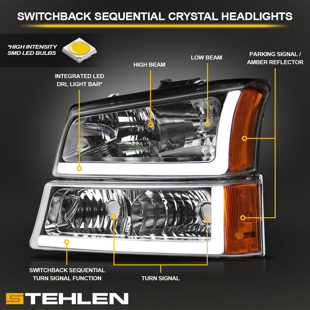 2002-2007 Chevrolet Silverado Avalanche Crystal Headlights Set - Chrome
