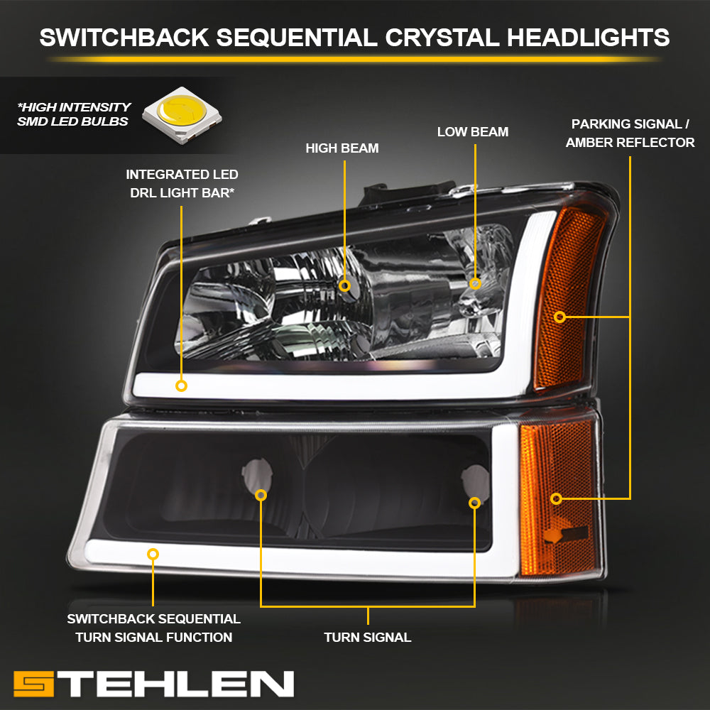 2002-2007 Chevrolet Silverado/Avalanche Crystal Headlights Set - Black