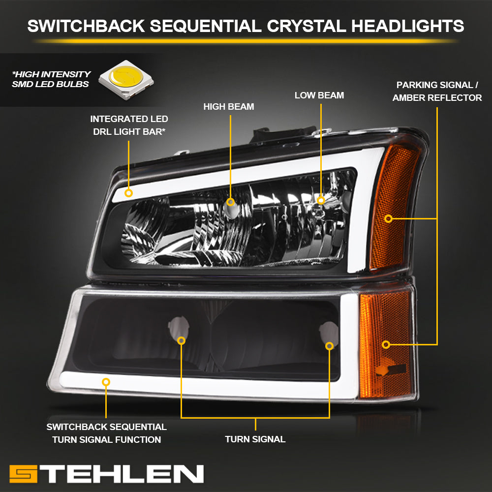 2003-2007 Chevrolet Silverado/Avalanche Crystal Headlights Set - Black