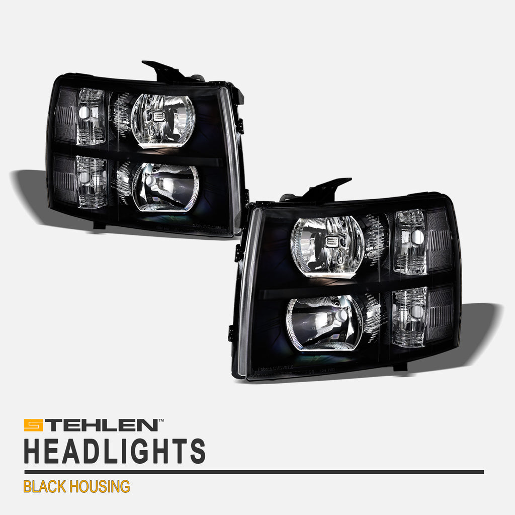 2007-2014 Chevrolet Silverado Crystal Headlights No Amber - Black