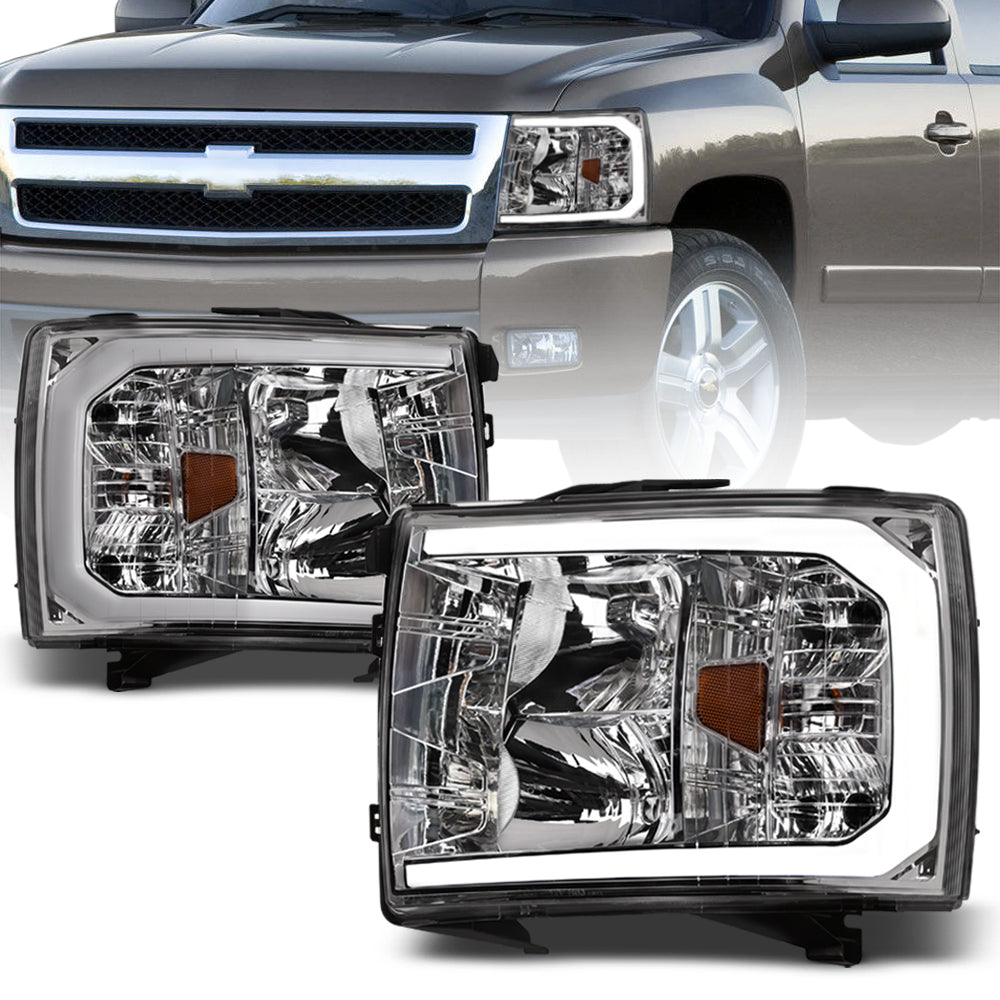 2007-2014 Chevrolet Silverado LED Crystal Headlights w/Light Bar - Chrome