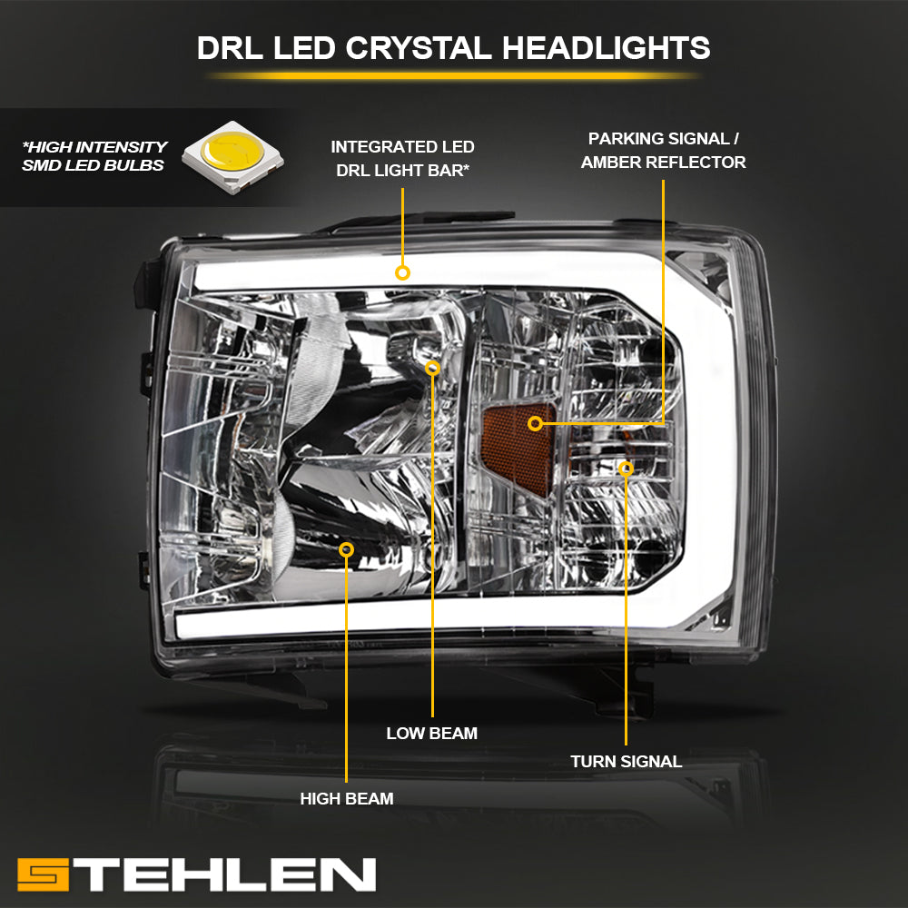 2007-2014 Chevrolet Silverado LED Crystal Headlights w/Light Bar - Chrome