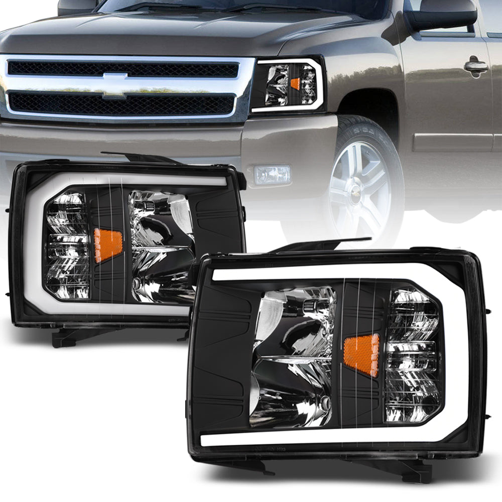 2007-2014 Chevrolet Silverado LED Crystal Headlights w/ Light Bar - Black