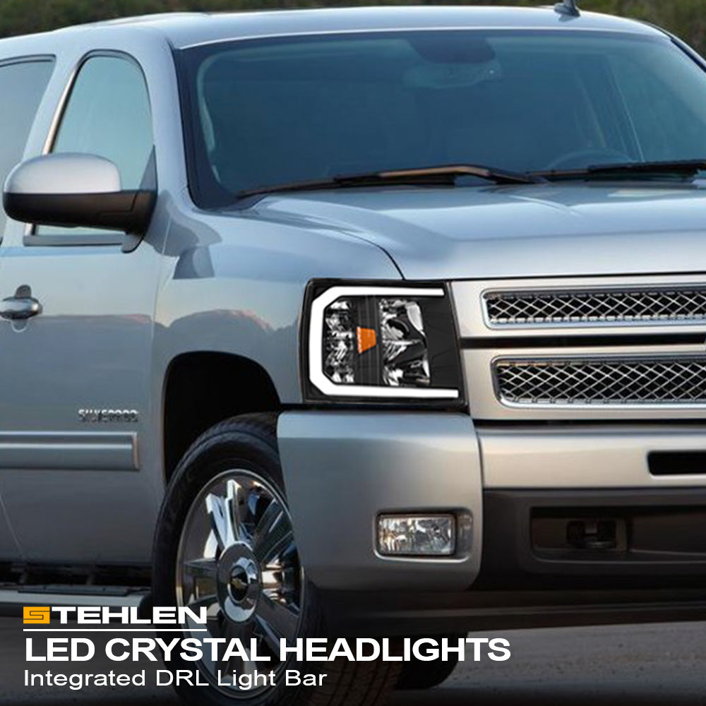 2007-2014 Chevrolet Silverado LED Crystal Headlights w/ Light Bar - Black