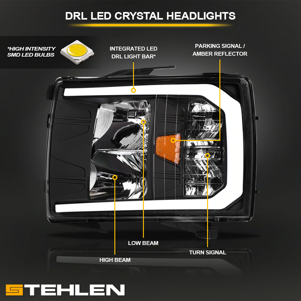 2007-2014 Chevrolet Silverado LED Crystal Headlights w/ Light Bar - Black