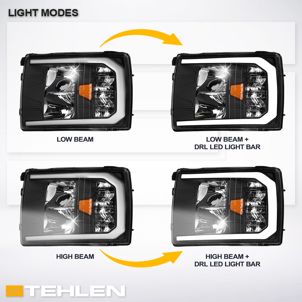 2007-2014 Chevrolet Silverado LED Crystal Headlights w/ Light Bar - Black