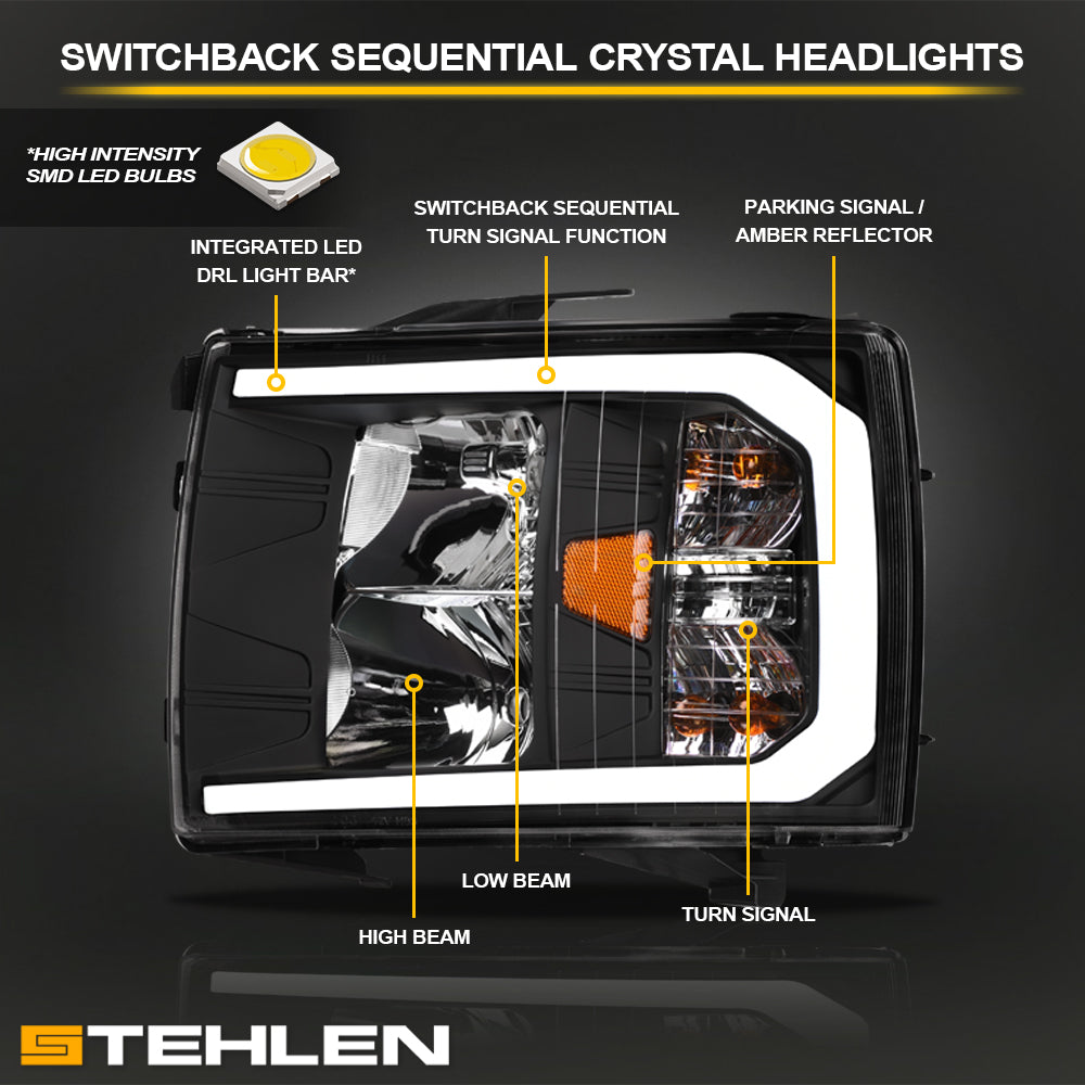 2007-2014 Chevrolet Silverado Crystal Headlights Sequential LED - JDMA