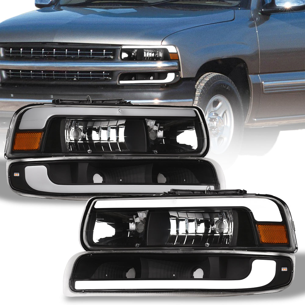 1999-2006 Chevrolet Silverado Suburban Tahoe Crystal Headlights & Bumper Lights Set - Black