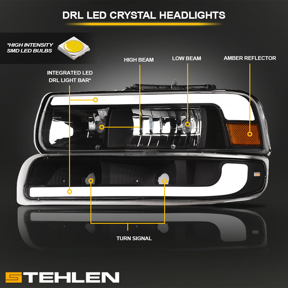 1999-2006 Chevrolet Silverado Suburban Tahoe Crystal Headlights & Bumper Lights Set - Black