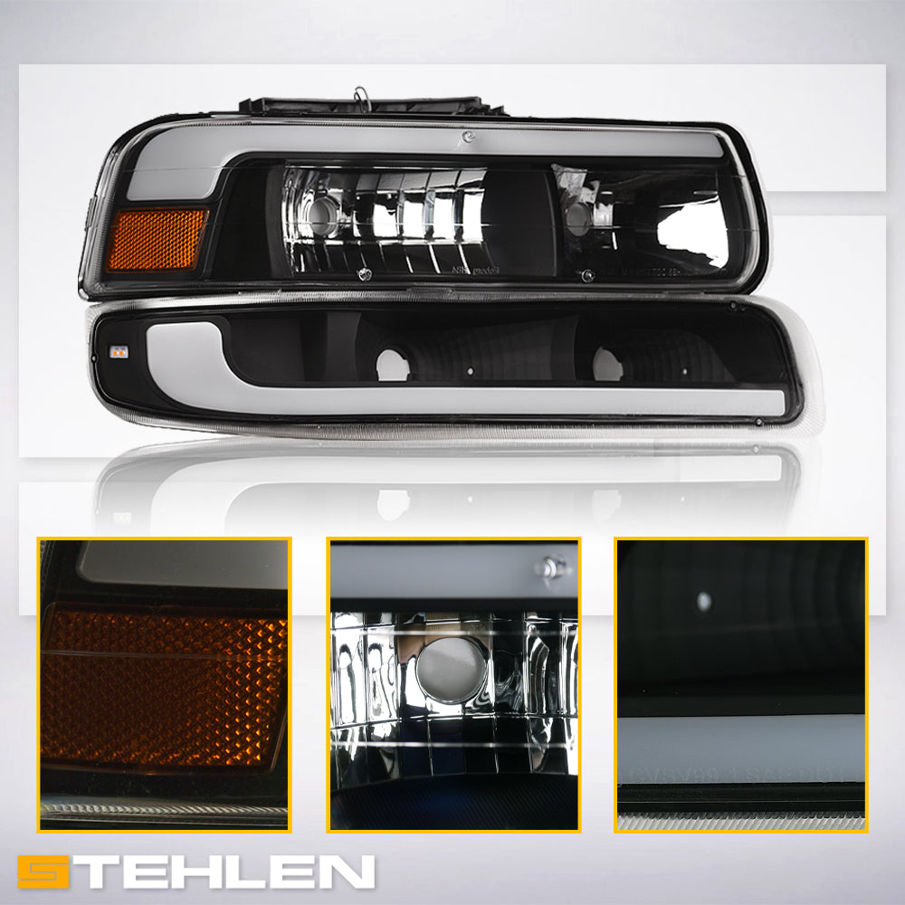 1999-2006 Chevrolet Silverado Suburban Tahoe Crystal Headlights & Bumper Lights Set - Black