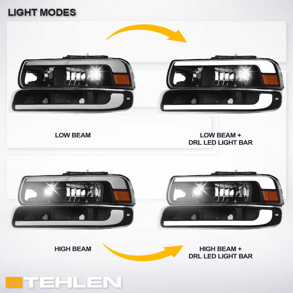 1999-2006 Chevrolet Silverado Suburban Tahoe Crystal Headlights & Bumper Lights Set - Black