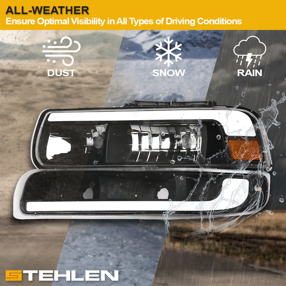 1999-2006 Chevrolet Silverado Suburban Tahoe Crystal Headlights & Bumper Lights Set - Black