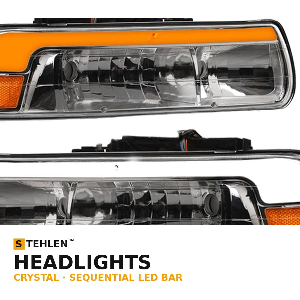 1999-2002 Chevrolet Silverado Crystal Headlights & Parking Lights 4pc Set w/ Sequential LED Bar — Chrome