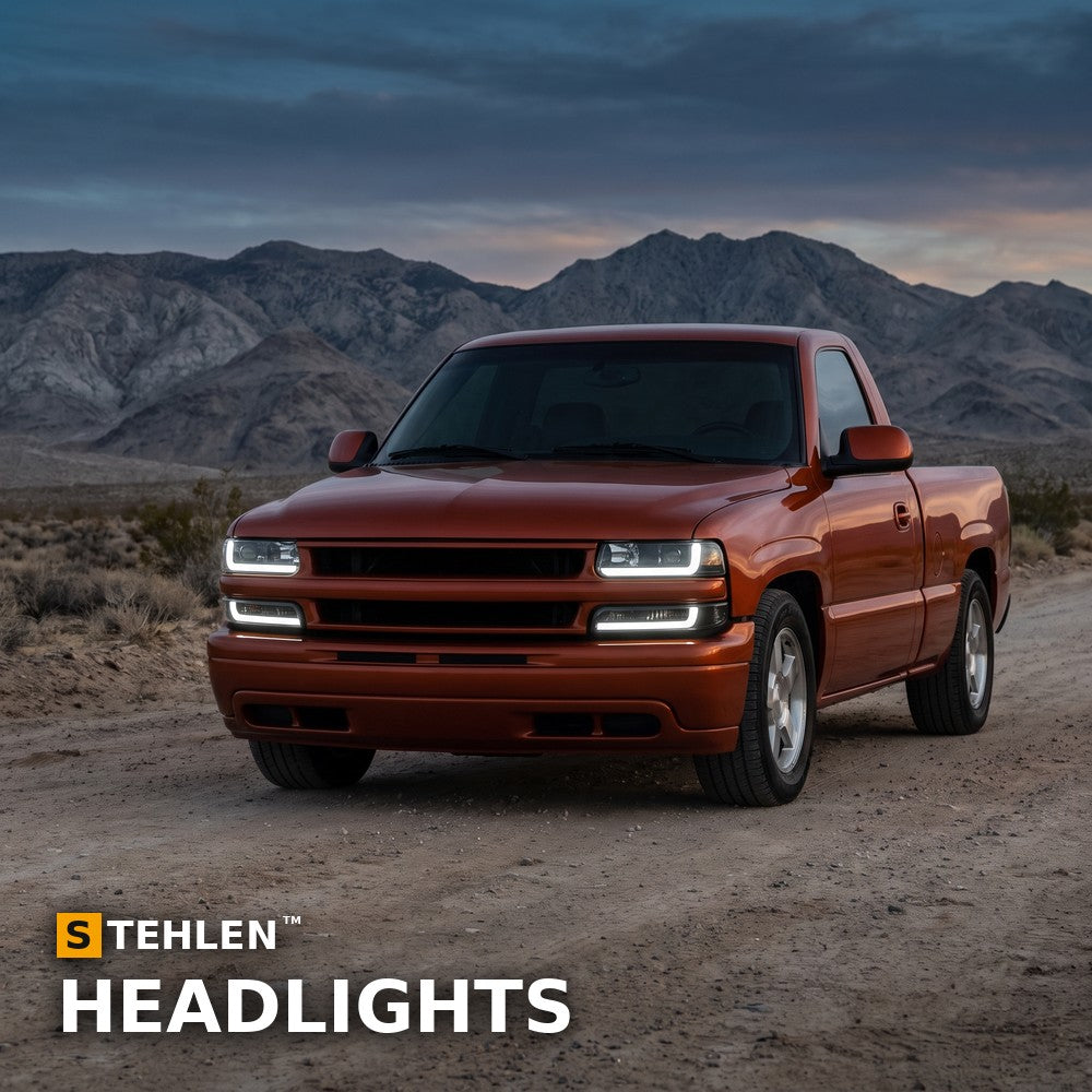 1999-2002 Chevrolet Silverado Crystal Headlights & Parking Lights 4pc Set w/ Sequential LED Bar — Black — installed