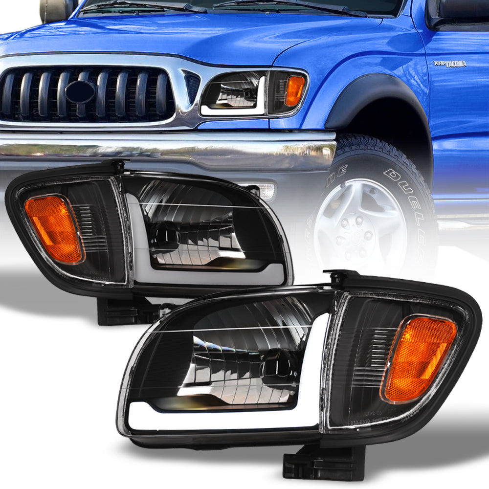01-04 Toyota Tacoma Crystal Headlights w/ LED Light Bar 4PC Black