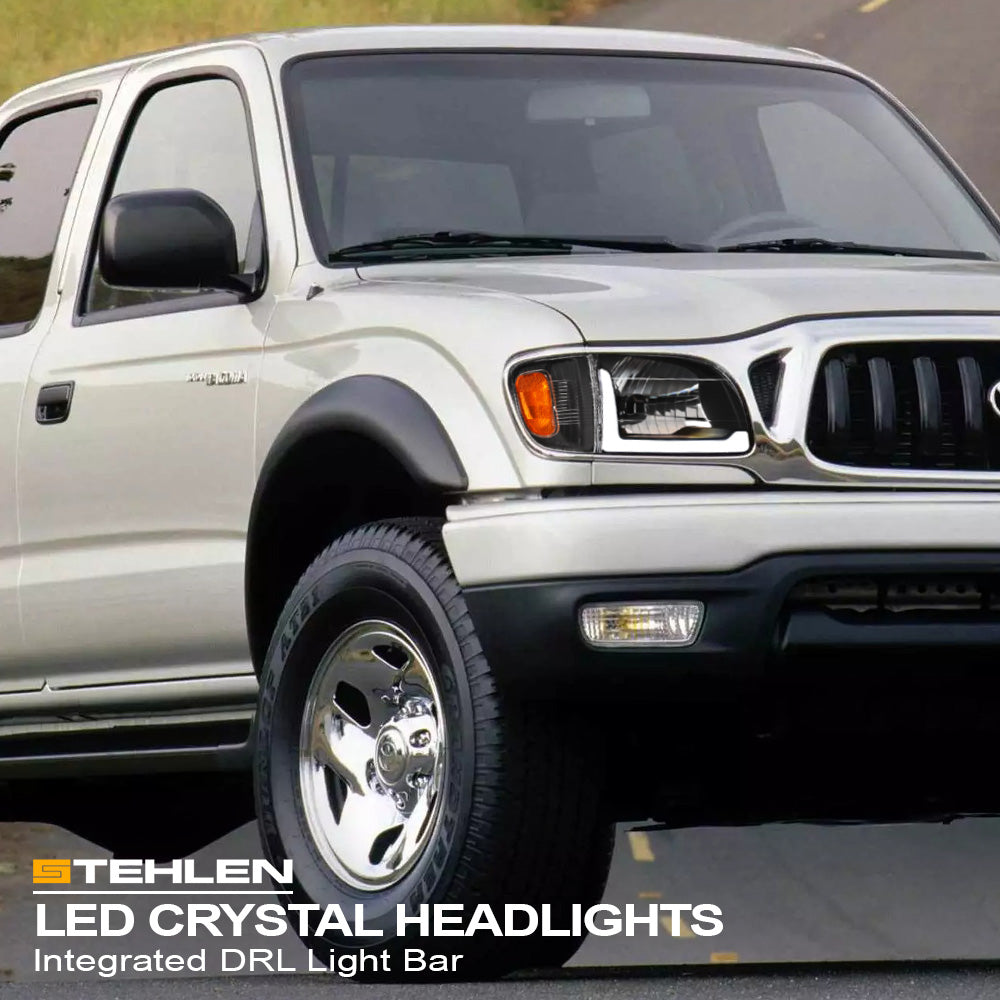 01-04 Toyota Tacoma Crystal Headlights w/ LED Light Bar 4PC Black