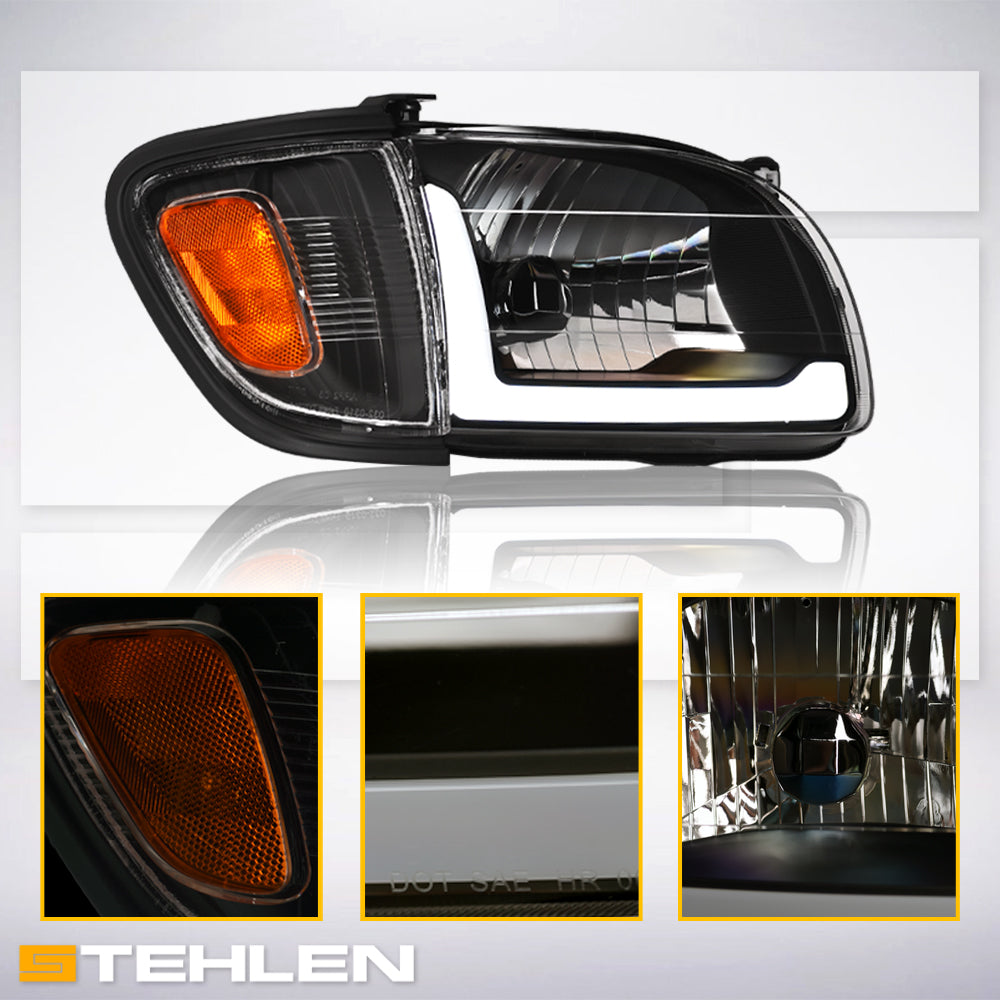 01-04 Toyota Tacoma Crystal Headlights w/ LED Light Bar 4PC Black