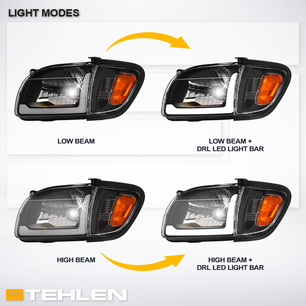 01-04 Toyota Tacoma Crystal Headlights w/ LED Light Bar 4PC Black