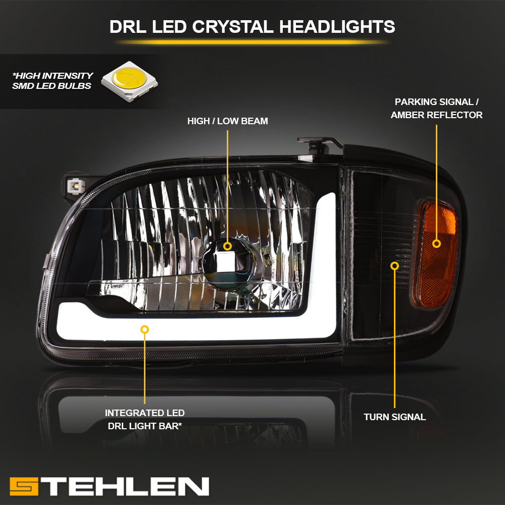01-04 Toyota Tacoma Crystal Headlights 6PC LED Light Bar Black