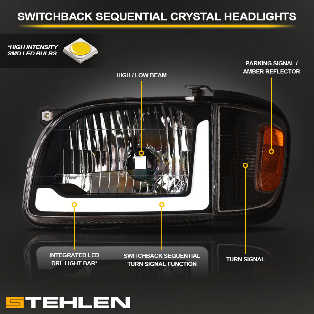 01-04 Toyota Tacoma Crystal Headlights w/ Sequential LED - Black 6PC