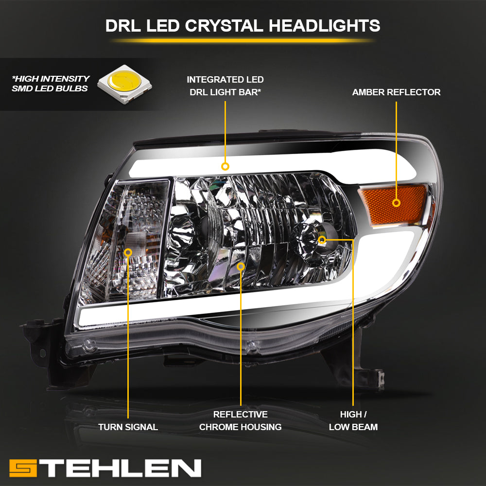 05-11 Toyota Tacoma Chrome Crystal Headlights w/ LED Light Bar