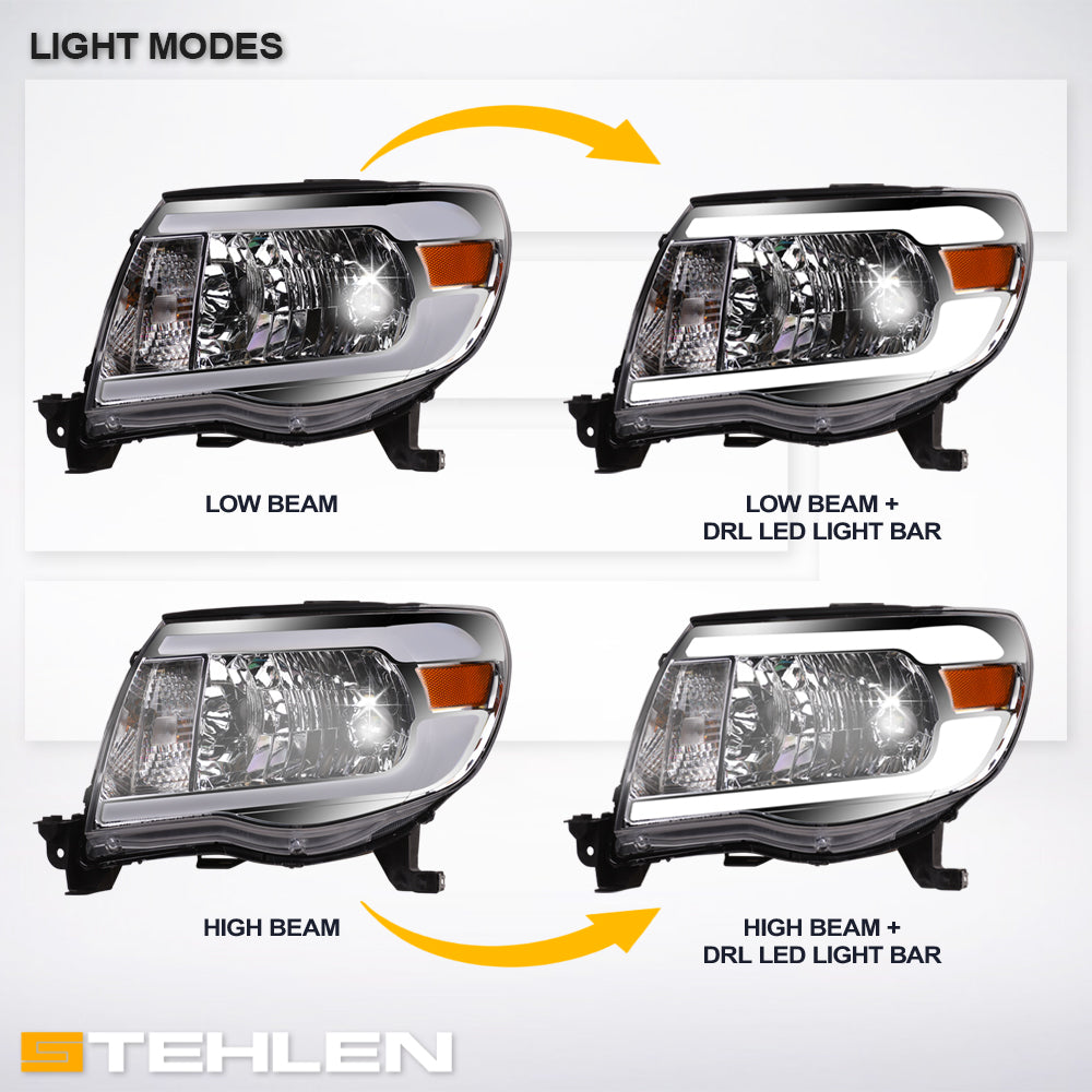 05-11 Toyota Tacoma Chrome Crystal Headlights w/ LED Light Bar