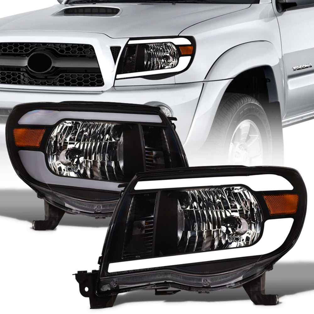 05-11 Toyota Tacoma LED Crystal Headlights Black w/ Light Bar