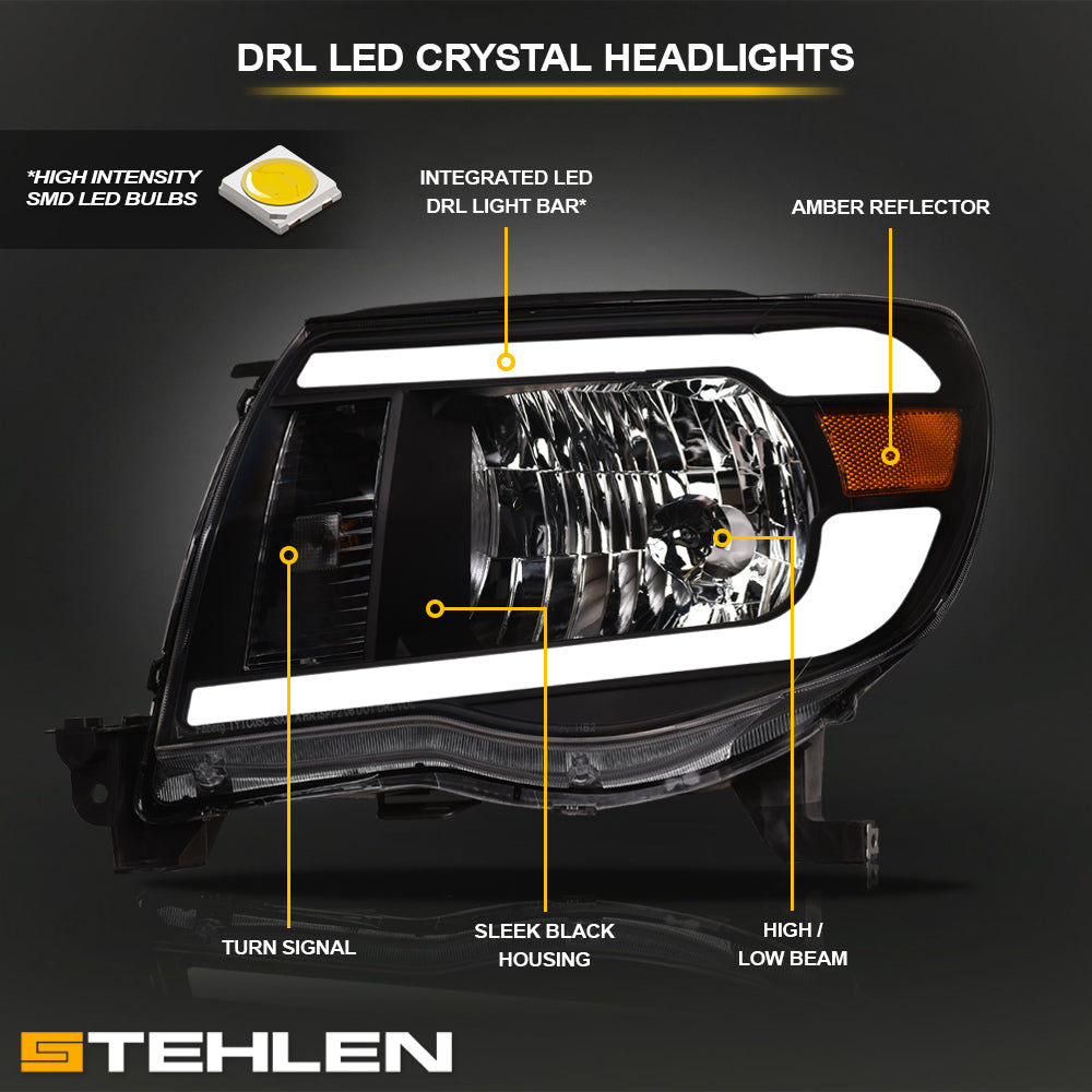 05-11 Toyota Tacoma LED Crystal Headlights Black w/ Light Bar
