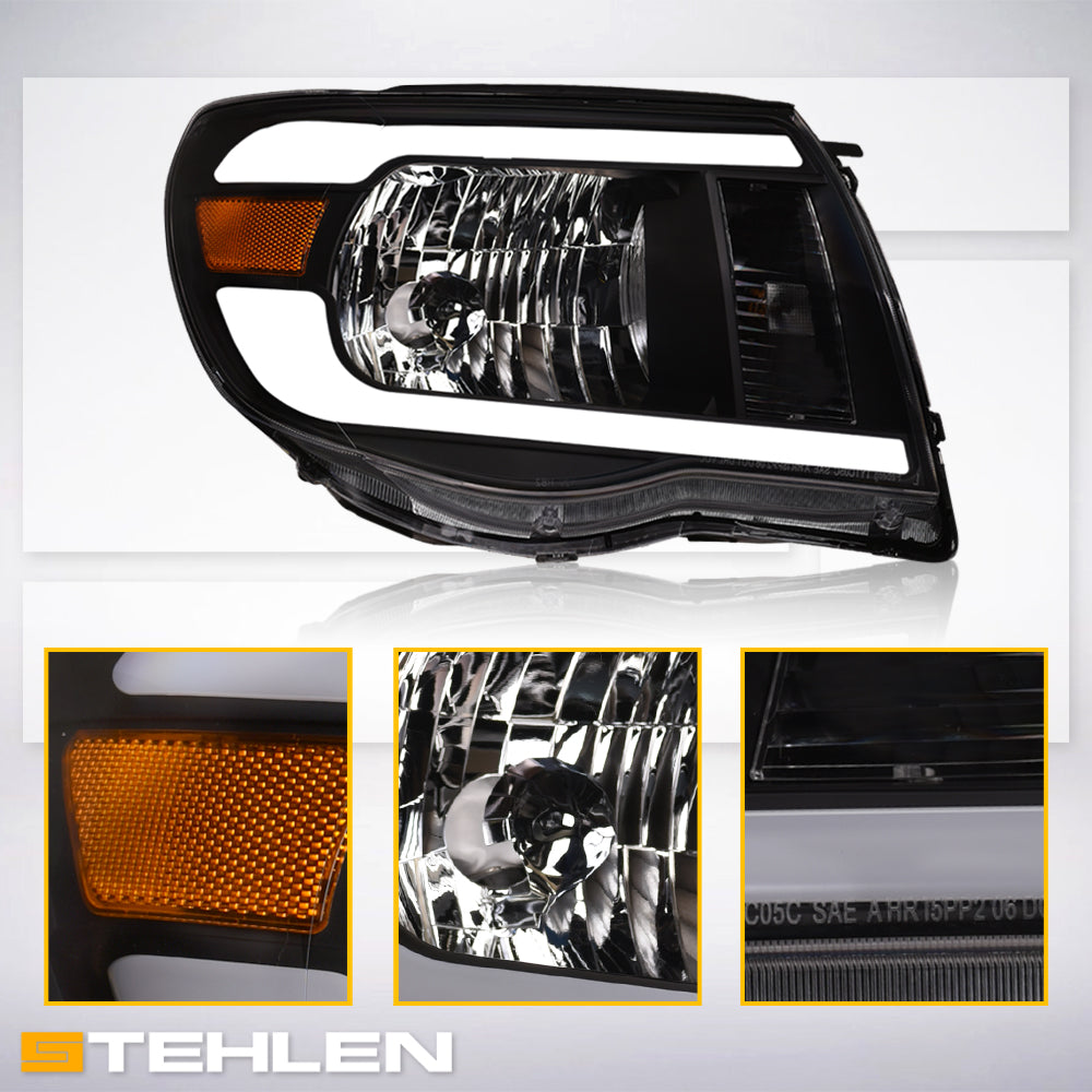 05-11 Toyota Tacoma LED Crystal Headlights Black w/ Light Bar