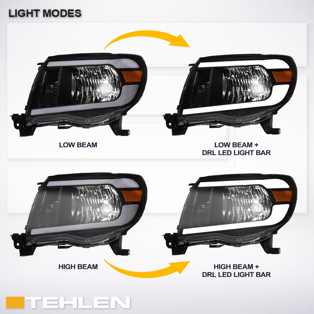 05-11 Toyota Tacoma LED Crystal Headlights Black w/ Light Bar