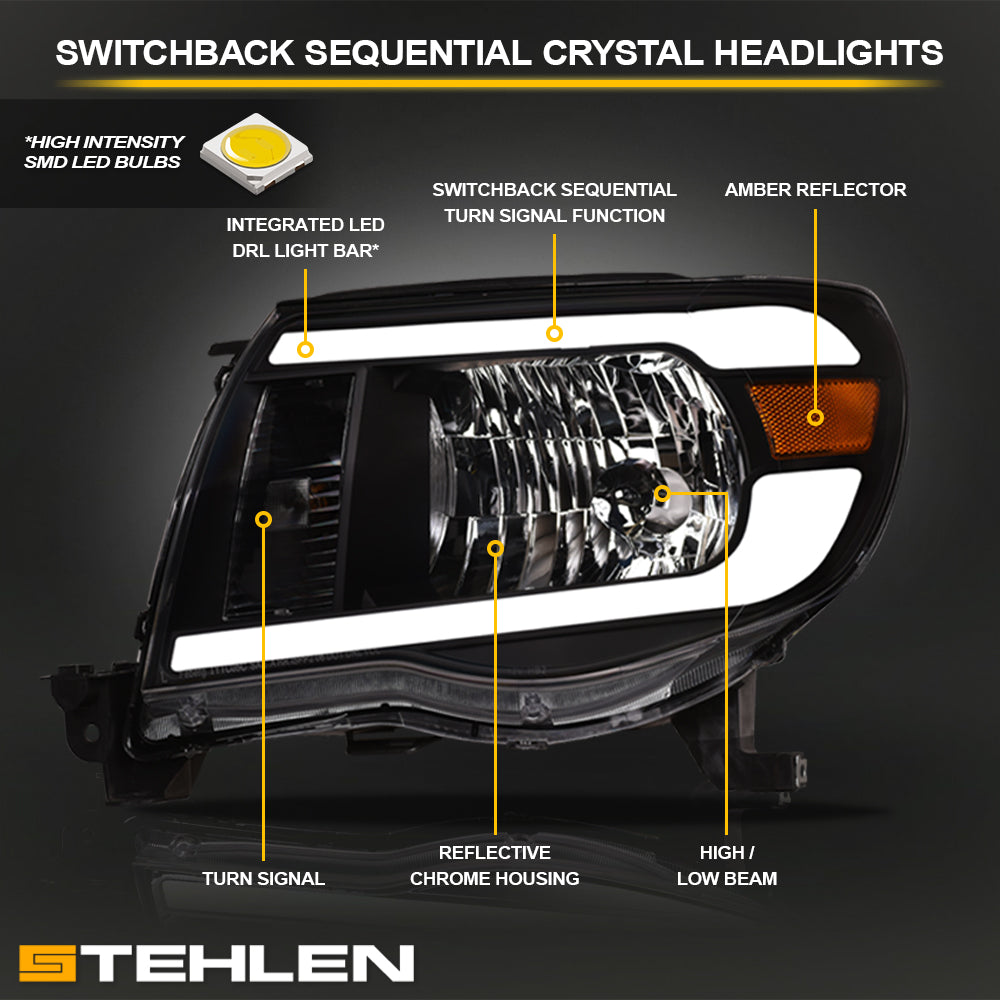 05-11 Toyota Tacoma Crystal Headlights Sequential LED Bar - Black