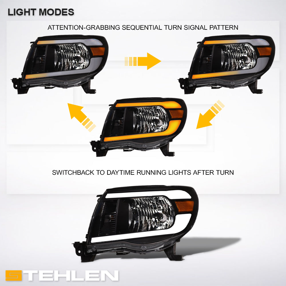 05-11 Toyota Tacoma Crystal Headlights Sequential LED Bar - Black