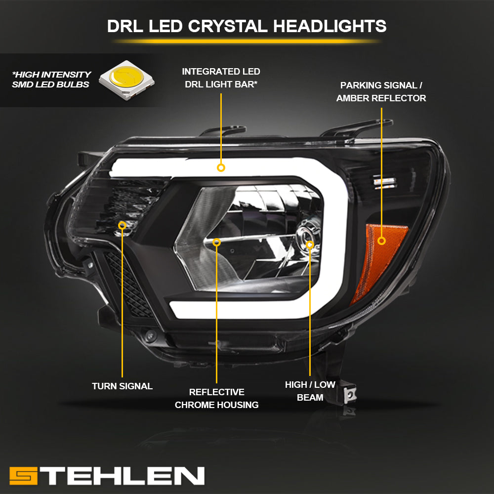 2012-2015 Toyota Tacoma LED Crystal Headlights Black - JDMA