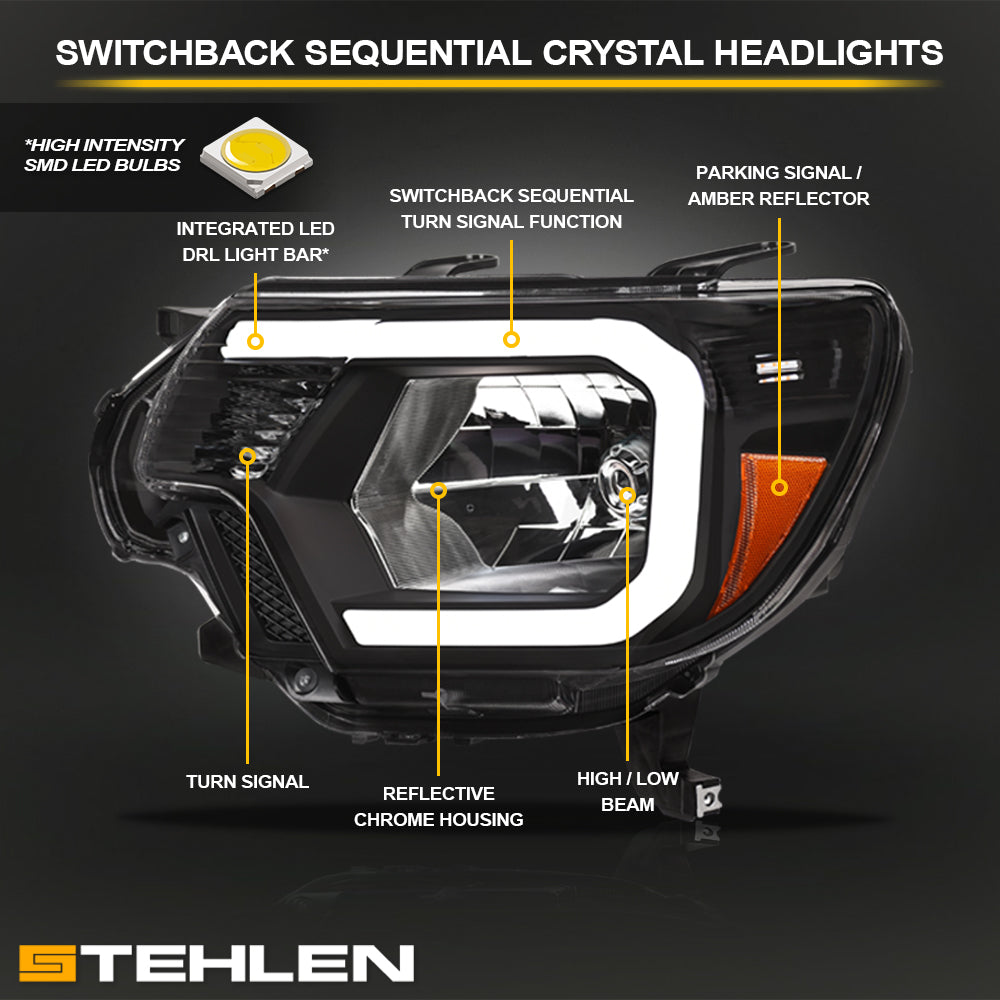 2012-2015 Toyota Tacoma Sequential LED Crystal Headlights - Black