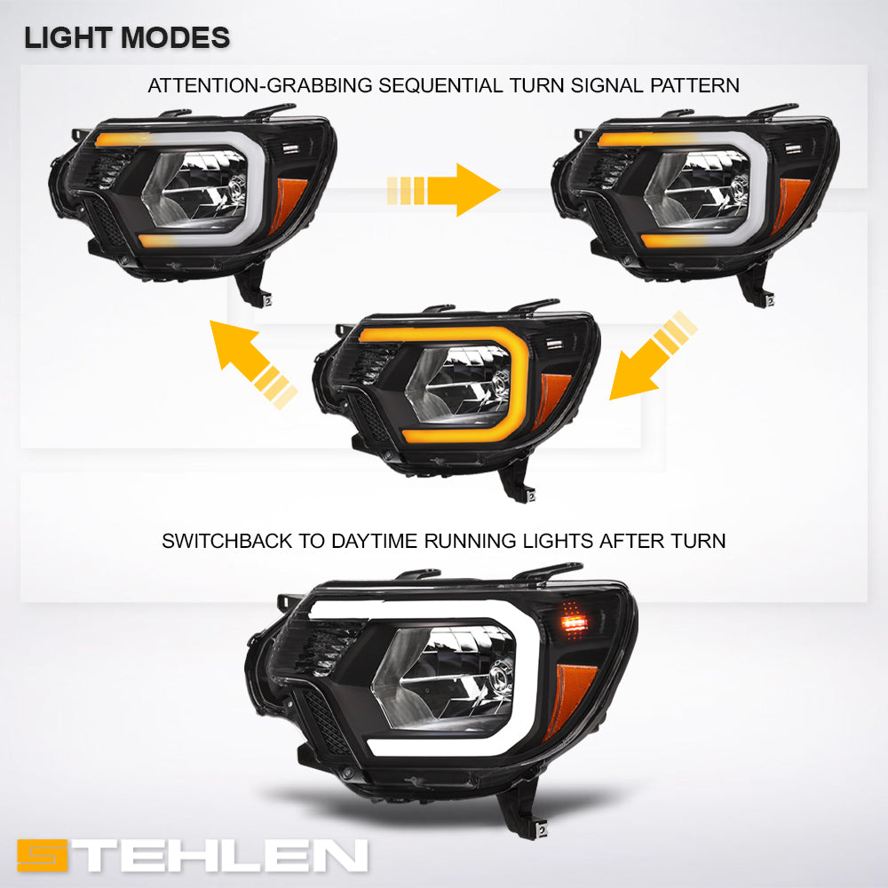 2012-2015 Toyota Tacoma Sequential LED Crystal Headlights - Black